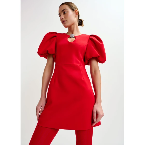 Essentiel Antwerp Red mini dress with voluminous sleeves and jewel embellishment, view 4
