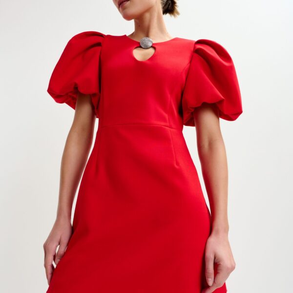 Essentiel Antwerp Red mini dress with voluminous sleeves and jewel embellishment - Essentiel Antwerp Dresses - Colorful Belgian Design - Shop at Coveti