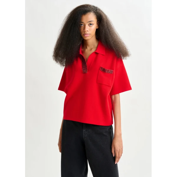 Essentiel Antwerp Red polo top with bead embellishments, view 2