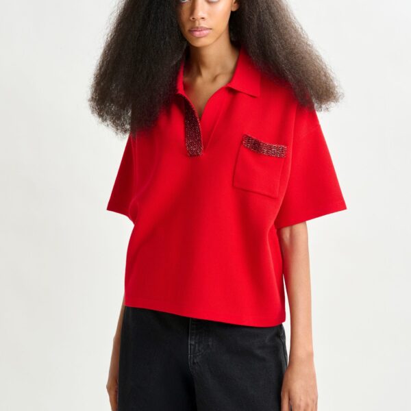 Essentiel Antwerp Red polo top with bead embellishments - Essentiel Antwerp Tops - Colorful Belgian Design - Shop at Coveti