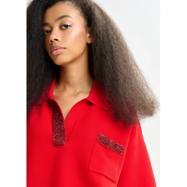 Essentiel Antwerp Red polo top with bead embellishments, view 3