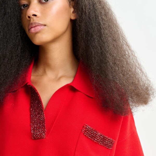 Essentiel Antwerp Red polo top with bead embellishments - Essentiel Antwerp Tops - Colorful Belgian Design - Shop at Coveti