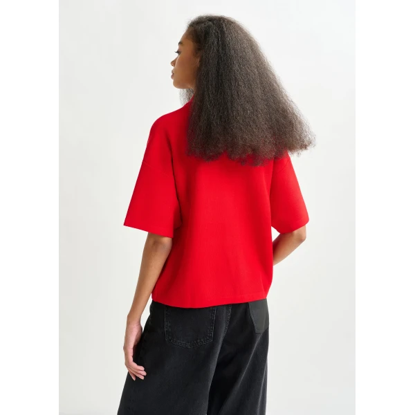 Essentiel Antwerp Red polo top with bead embellishments, view 4