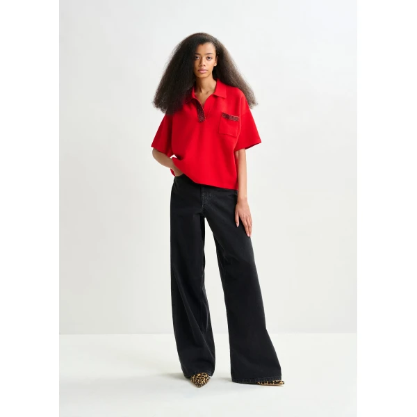 Essentiel Antwerp Red polo top with bead embellishments, view 5