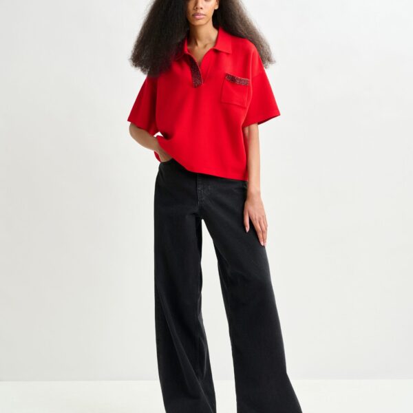 Essentiel Antwerp Red polo top with bead embellishments - Essentiel Antwerp Tops - Colorful Belgian Design - Shop at Coveti
