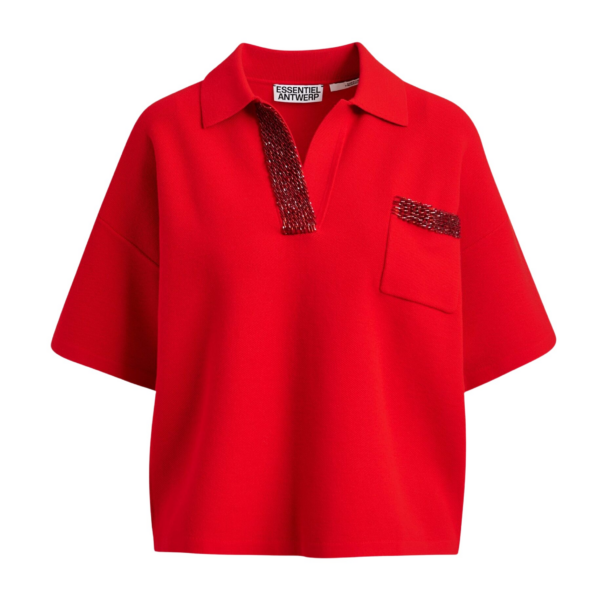 Essentiel Antwerp Red polo top with bead embellishments - Essentiel Antwerp Tops - Colorful Belgian Design - Shop at Coveti