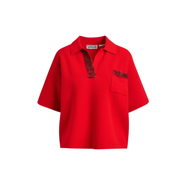 Essentiel Antwerp Red polo top with bead embellishments - Essentiel Antwerp Tops - Colorful Belgian Design - Shop at Coveti