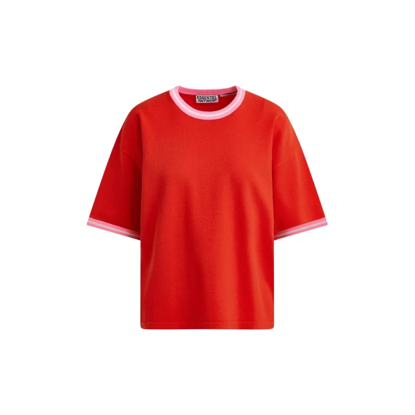 Essentiel Antwerp Red slightly cropped knit T-shirt with pink contrasting trim - Essentiel Antwerp Shirts - Colorful Belgian Design - Shop at Coveti