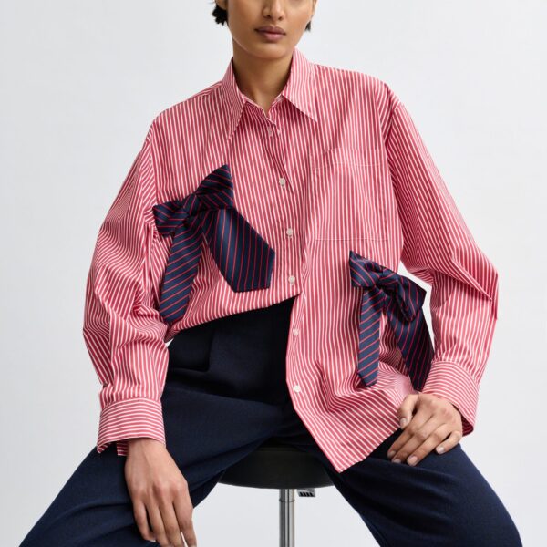 white and navy striped oversized cotton shirt with tie bows - Essentiel Antwerp Shirts - Colorful Belgian Design - Shop at Coveti