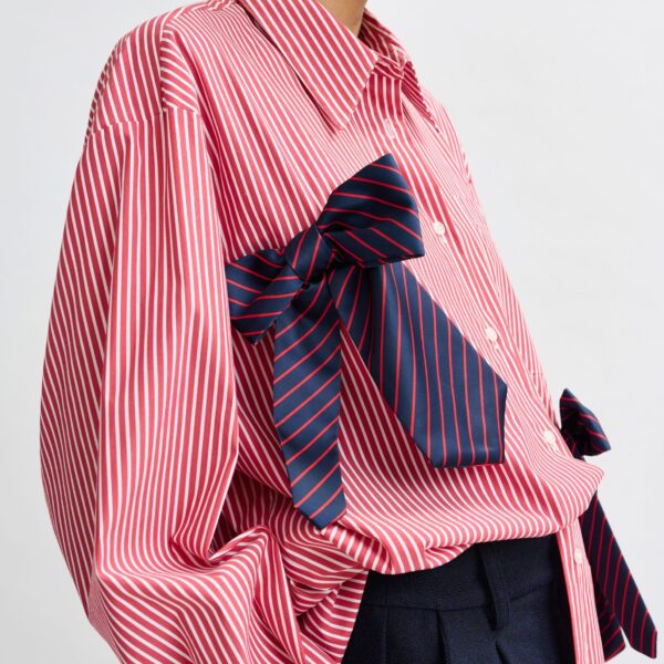 white and navy striped oversized cotton shirt with tie bows - Essentiel Antwerp Shirts - Colorful Belgian Design - Shop at Coveti