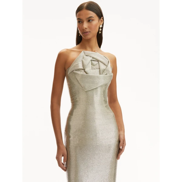 Oscar de la Renta Rosette Bugle Bead Column Gown - Oscar de la Renta Dresses - American Couture - Shop at Coveti