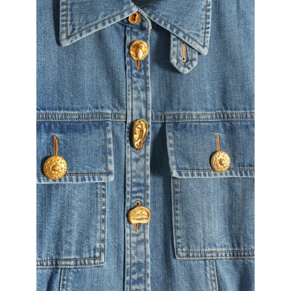 Schiaparelli Smocked Safari Denim Shirt Tops in Schiaparelli Authentic Luxury Fashion at Coveti