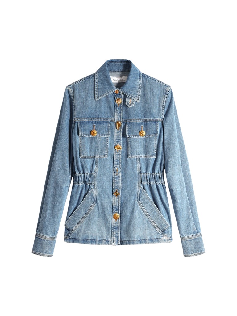 Schiaparelli Smocked Safari Denim Shirt Tops in Schiaparelli Authentic Luxury Fashion at Coveti