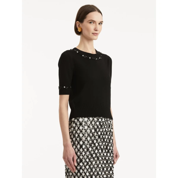 Oscar de la Renta Sequin Floret Trim Pullover - Oscar de la Renta Knitwear - American Couture - Shop at Coveti
