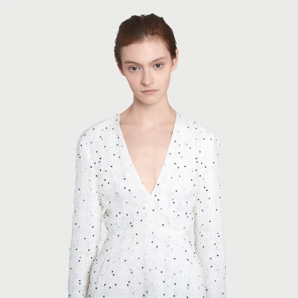 Giambattista Valli Short Ivory Dress With Black Polka Dots And Ruffles In Bouclé - Giambattista Valli Dresses - Romantic Couture - Shop at Coveti