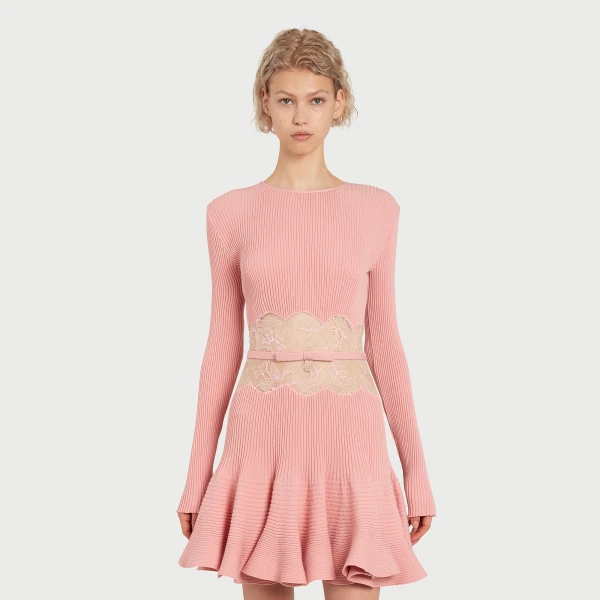 Giambattista Valli Short Pink Knit Dress With Lace - Giambattista Valli Dresses - Romantic Couture - Shop at Coveti