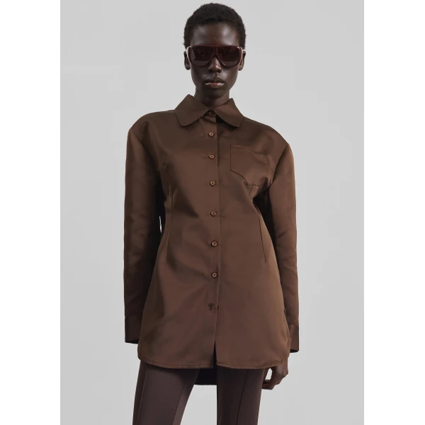 The Frankie Shop Akita Satin Cinched Shirt Dress – Brown, view 2