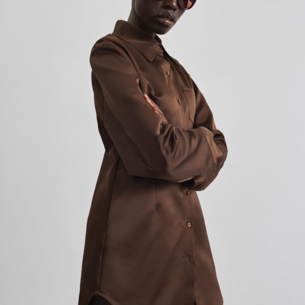 The Frankie Shop Akita Satin Cinched Shirt Dress - Brown - Oversized Minimalist Tops in Brown - Shop at Coveti