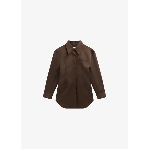 The Frankie Shop Akita Satin Cinched Shirt Dress – Brown, view 7
