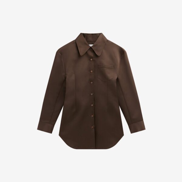 The Frankie Shop Akita Satin Cinched Shirt Dress - Brown - Oversized Minimalist Tops in Brown - Shop at Coveti
