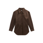 The Frankie Shop Akita Satin Cinched Shirt Dress - Brown - Oversized Minimalist Tops in Brown - Shop at Coveti