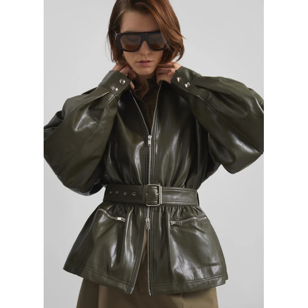 The Frankie Shop Annette Faux Leather Peplum Jacket – Olive, view 5