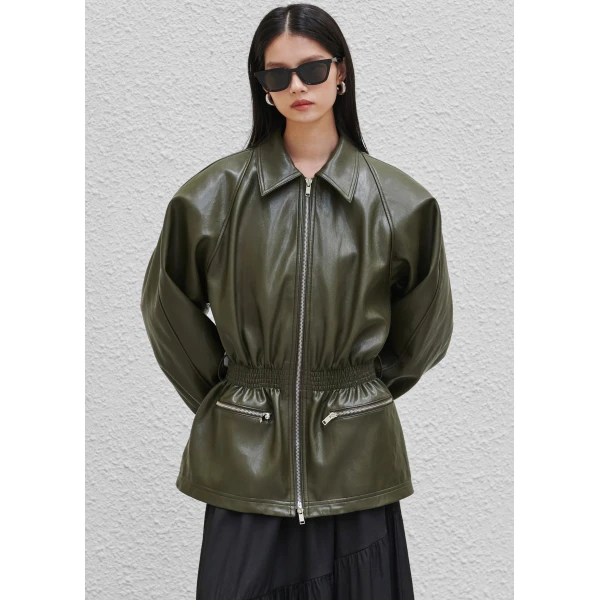 The Frankie Shop Annette Faux Leather Peplum Jacket – Olive, view 7