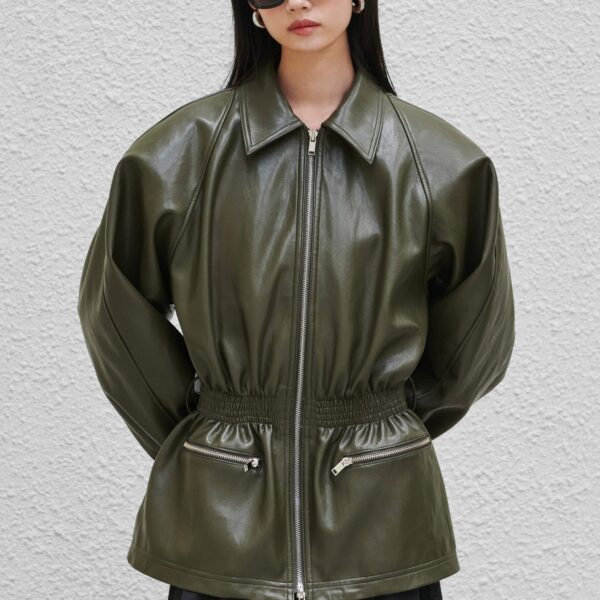 The Frankie Shop Annette Faux Leather Peplum Jacket - Olive - Oversized Minimalist Jackets in Green - Shop at Coveti