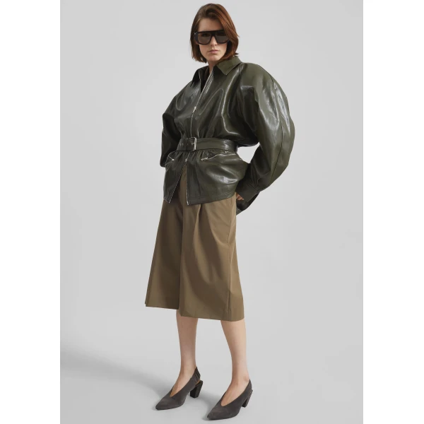 The Frankie Shop Annette Faux Leather Peplum Jacket – Olive, view 8