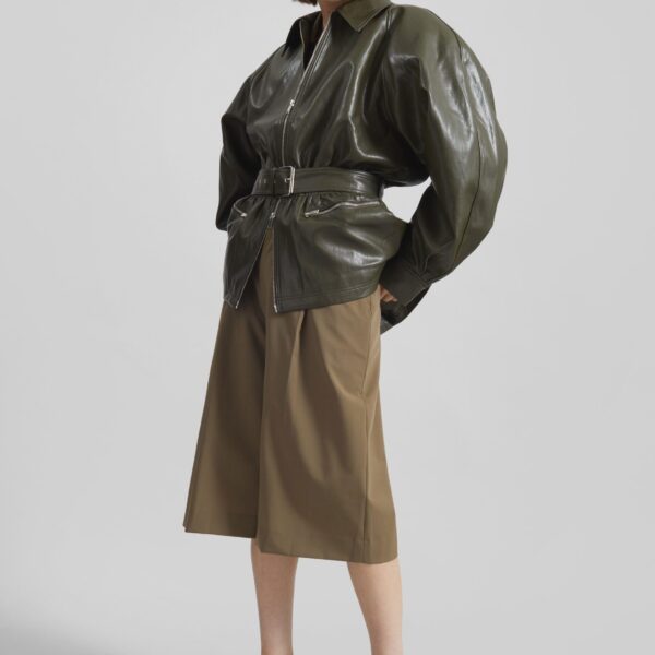 The Frankie Shop Annette Faux Leather Peplum Jacket - Olive - Oversized Minimalist Jackets in Green - Shop at Coveti