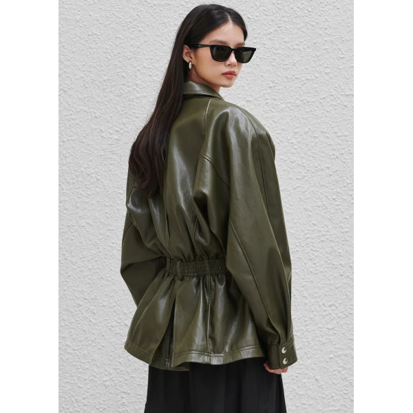 The Frankie Shop Annette Faux Leather Peplum Jacket – Olive, view 9