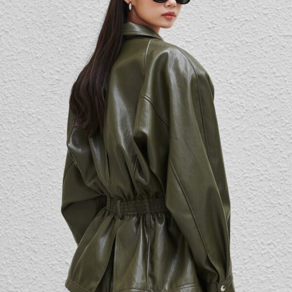 The Frankie Shop Annette Faux Leather Peplum Jacket - Olive - Oversized Minimalist Jackets in Green - Shop at Coveti