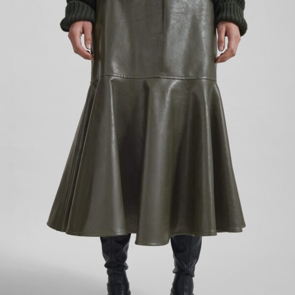 The Frankie Shop Arvika Faux Leather Mermaid Skirt - Dark Olive - Oversized Minimalist Skirts in Green - Shop at Coveti
