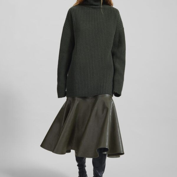 The Frankie Shop Arvika Faux Leather Mermaid Skirt - Dark Olive - Oversized Minimalist Skirts in Green - Shop at Coveti