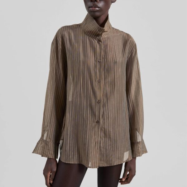 The Frankie Shop Avila Sheer Fluid Shirt - Brown/White Stripe - Oversized Minimalist Tops in Brown - Shop at Coveti