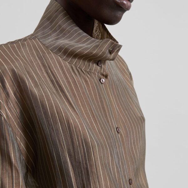 The Frankie Shop Avila Sheer Fluid Shirt - Brown/White Stripe - Oversized Minimalist Tops in Brown - Shop at Coveti
