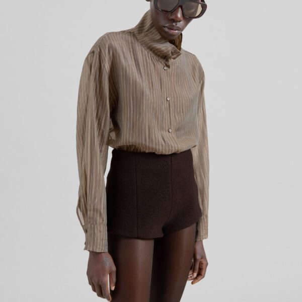 The Frankie Shop Avila Sheer Fluid Shirt - Brown/White Stripe - Oversized Minimalist Tops in Brown - Shop at Coveti