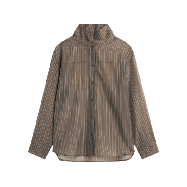 The Frankie Shop Avila Sheer Fluid Shirt - Brown/White Stripe - Oversized Minimalist Tops in Brown - Shop at Coveti