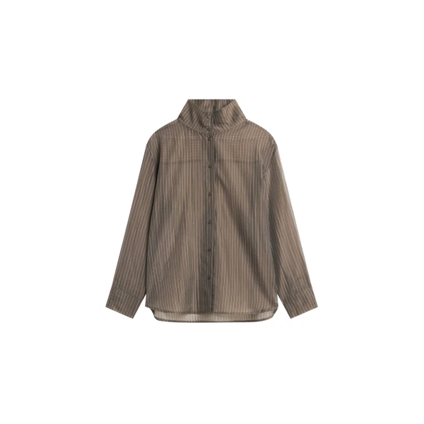 The Frankie Shop Avila Sheer Fluid Shirt - Brown/White Stripe - Oversized Minimalist Tops in Brown - Shop at Coveti