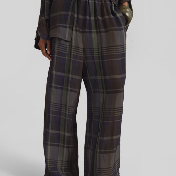 The Frankie Shop Baxter Sheer Fluid Track Pants - Navy Tartan - Oversized Minimalist Pants in Blue - Shop at Coveti