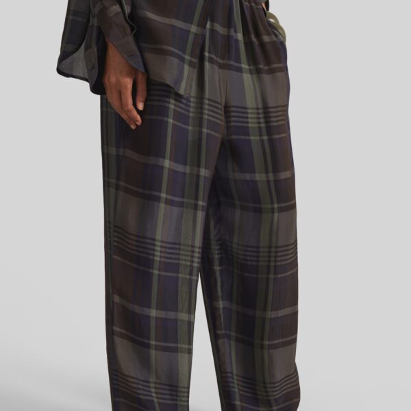 The Frankie Shop Baxter Sheer Fluid Track Pants - Navy Tartan - Oversized Minimalist Pants in Blue - Shop at Coveti