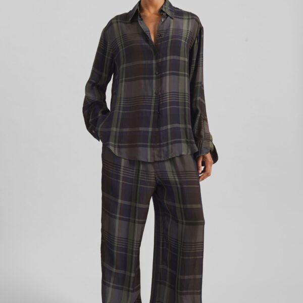 The Frankie Shop Baxter Sheer Fluid Track Pants - Navy Tartan - Oversized Minimalist Pants in Blue - Shop at Coveti