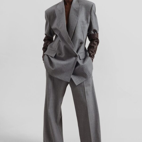 The Frankie Shop Brickell Striped Trousers - Grey/Brown - Oversized Minimalist Pants in Brown - Shop at Coveti