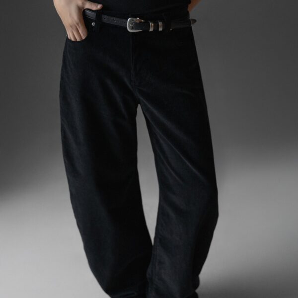 The Frankie Shop Caistor Corduroy Barrel Leg Pants - Black - Oversized Minimalist Pants in Black - Shop at Coveti