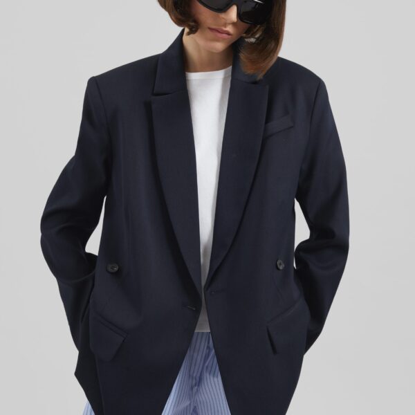 The Frankie Shop Calvay Crossover Blazer - Dark Navy - Oversized Minimalist Jackets in Blue - Shop at Coveti