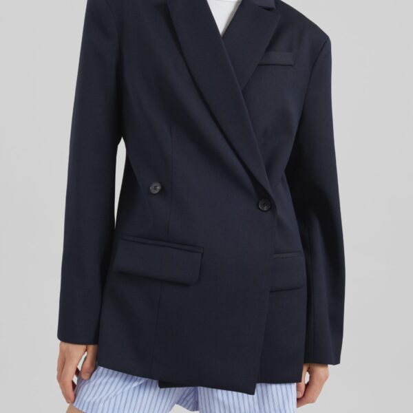 The Frankie Shop Calvay Crossover Blazer - Dark Navy - Oversized Minimalist Jackets in Blue - Shop at Coveti