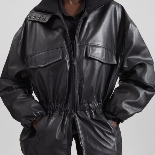 The Frankie Shop Carnaby Funnel Neck Leather Jacket - Black - Oversized Minimalist Jackets in Black - Shop at Coveti