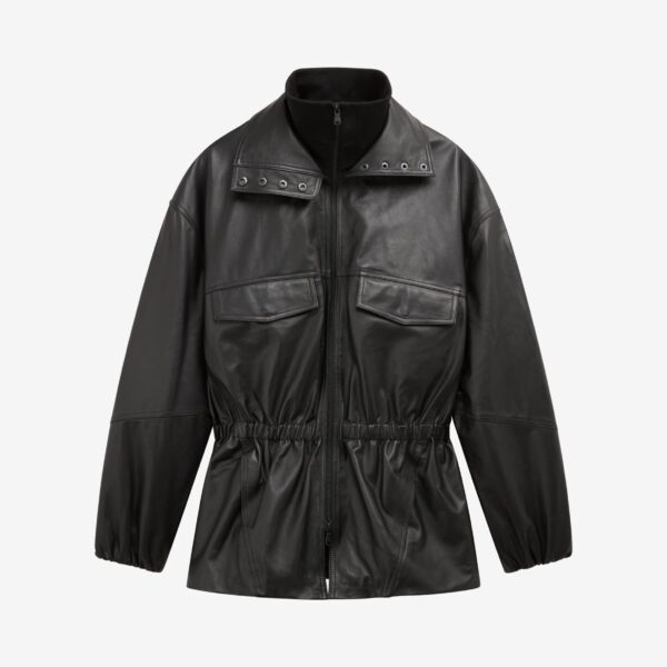 The Frankie Shop Carnaby Funnel Neck Leather Jacket - Black - Oversized Minimalist Jackets in Black - Shop at Coveti