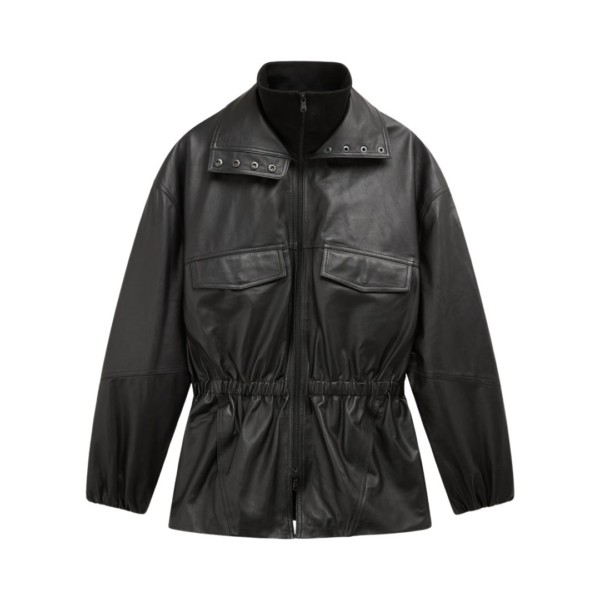The Frankie Shop Carnaby Funnel Neck Leather Jacket - Black - Oversized Minimalist Jackets in Black - Shop at Coveti