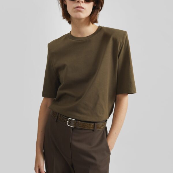 The Frankie Shop Carrington Padded Shoulder Tee - Olive - Oversized Minimalist Tops in Green - Shop at Coveti